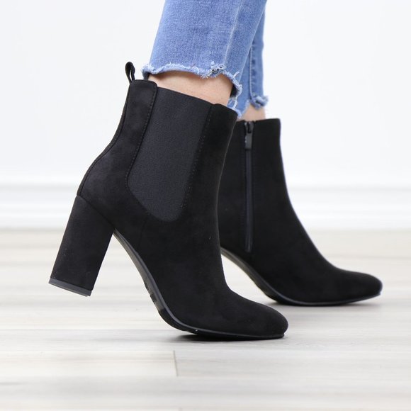 Black Suede Chelsea Block High Heel Above Ankle Boots - Picture 4 of 12